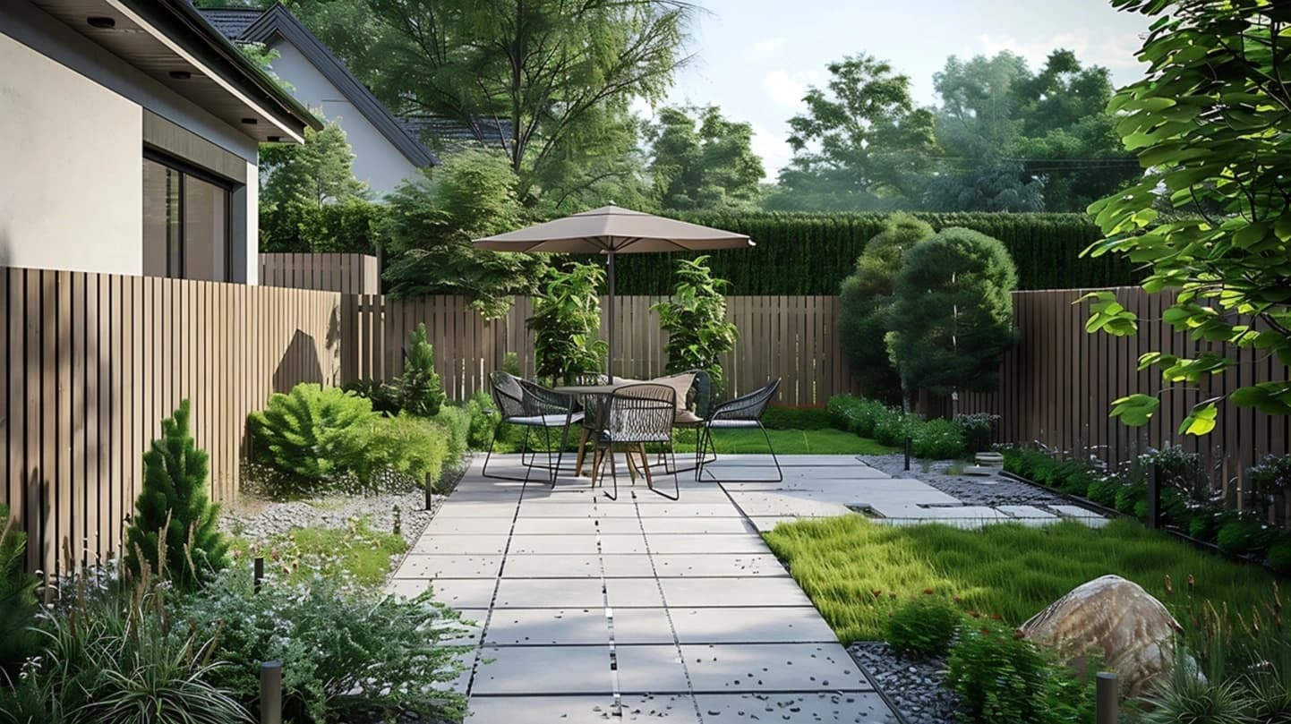 Moderne achtertuin met terras in betontegels, tuinset en parasol